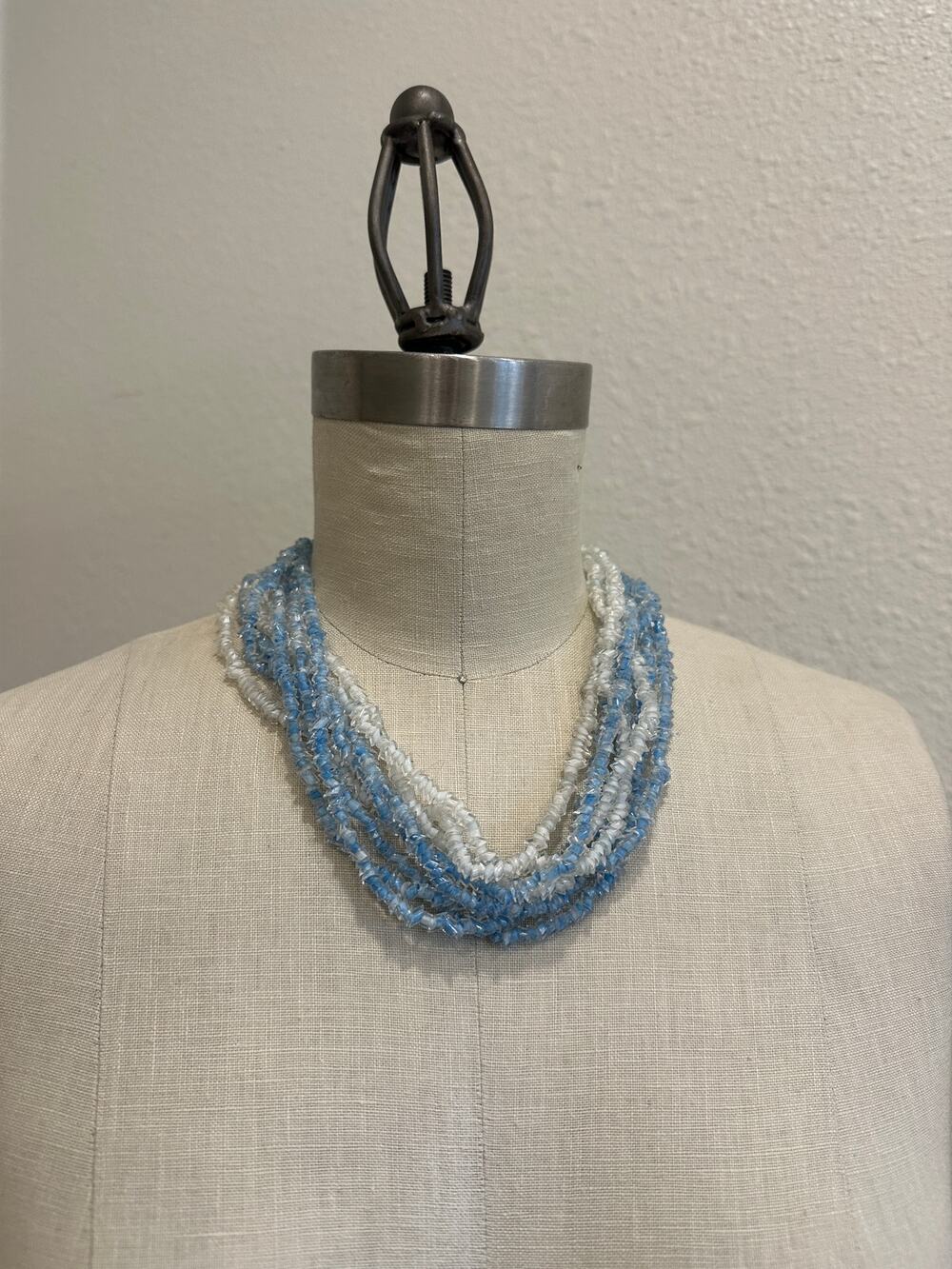 Vintage Blue & Clear Multi-Strand Glass Bead Necklace with Gold Clasp
